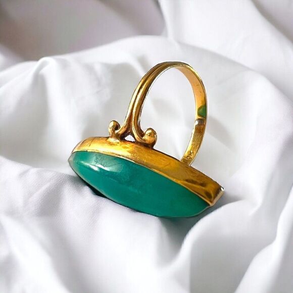 REAL 10k Yellow Gold ANTIQUE Green Agate Ring Sz 6 Victorian Navette Chrysoprase - Picture 2 of 16